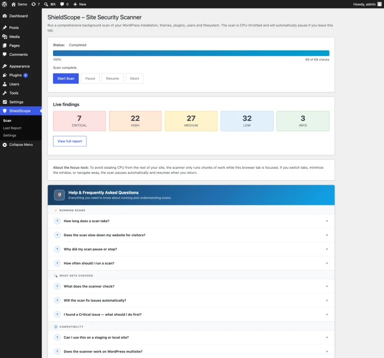 ShieldScope scan dashboard: scan progress, findings by severity, and the help and FAQ panel